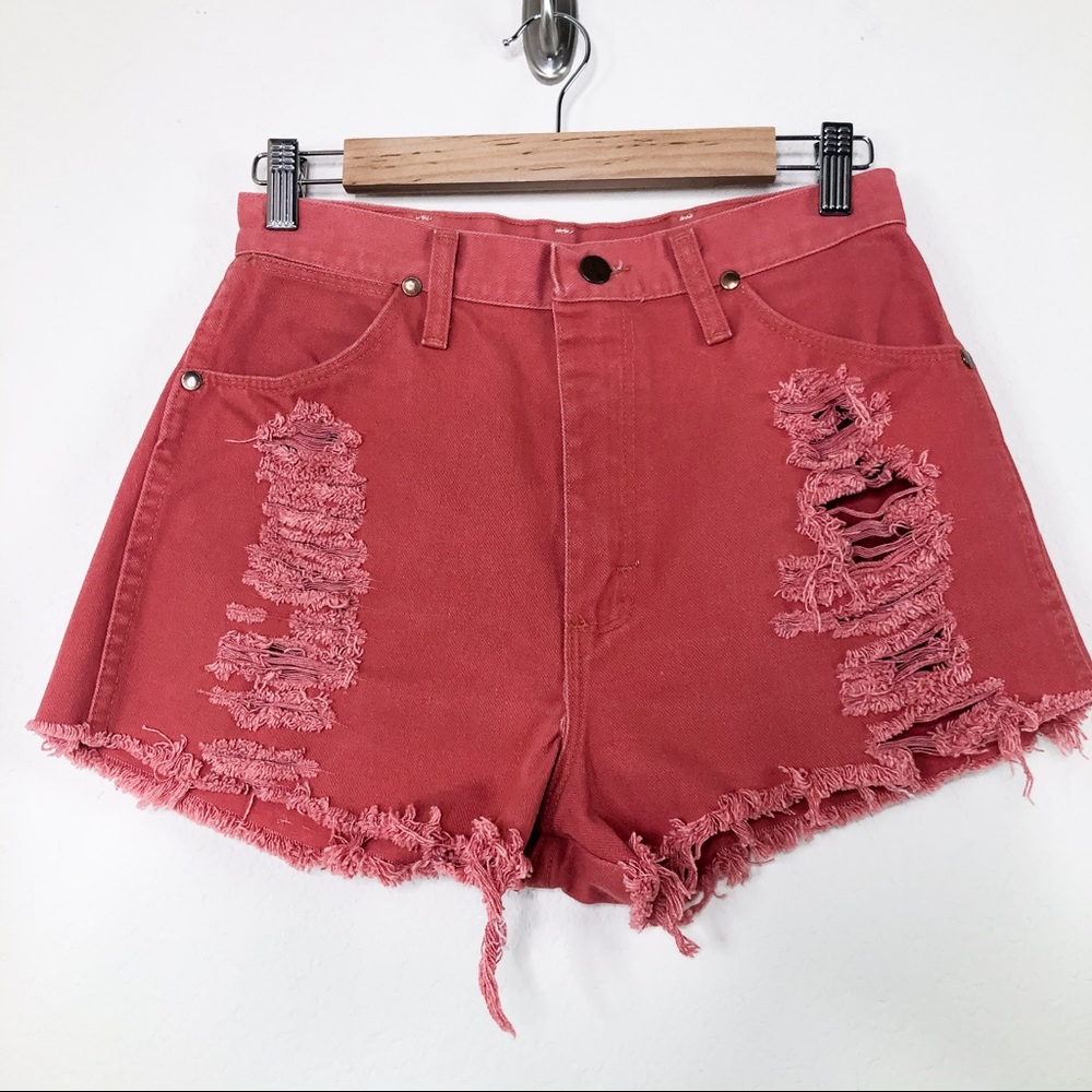 Wrangler High Waist Distressed Shorts in Coral Red